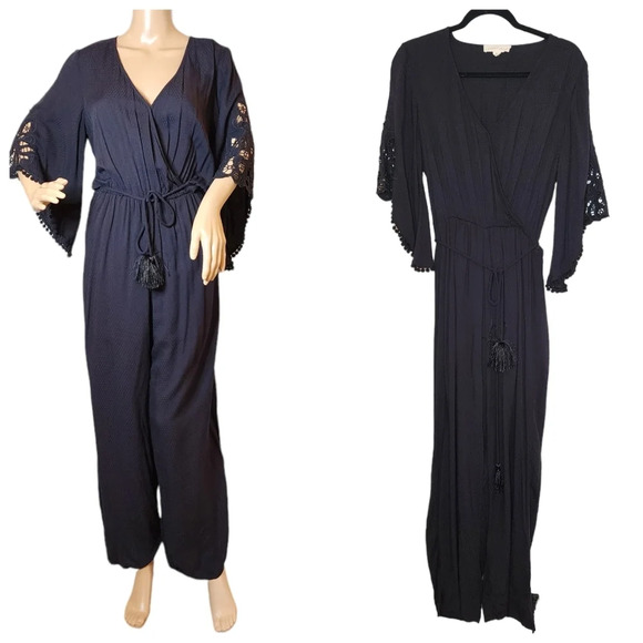 Lovestitch Carine black jumpsuit. Elastic waist. Surplice. Crochet/pompoms. Sm. - Picture 1 of 16